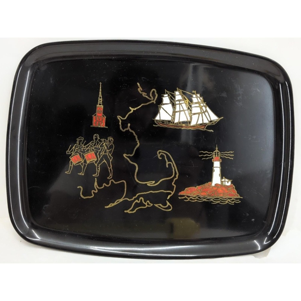 Vintage Couroc Mid Century Cape Cod Black Gold  Tray Massachusetts 12.5"x9.5"